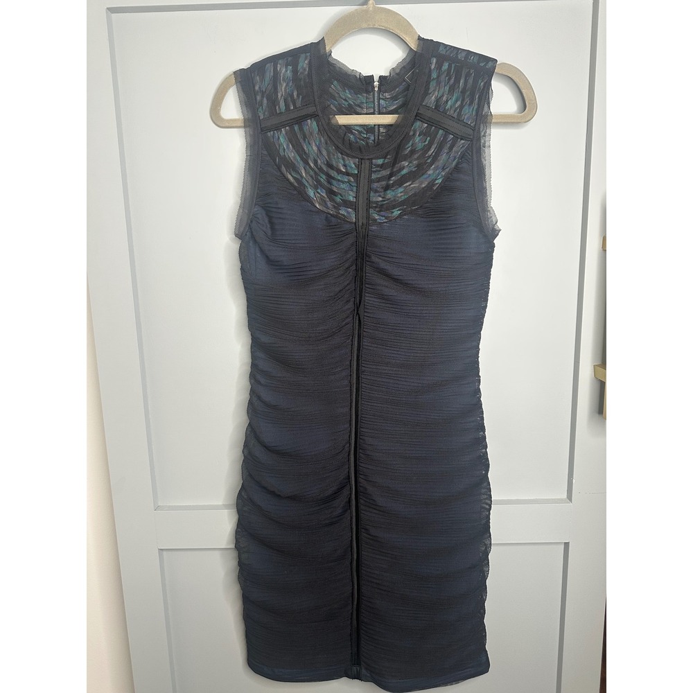BCBGMAXAZRIA Ruched Mesh Mini‎ Dress Black Teal CVR6K638 Sleeveless Bodycon M